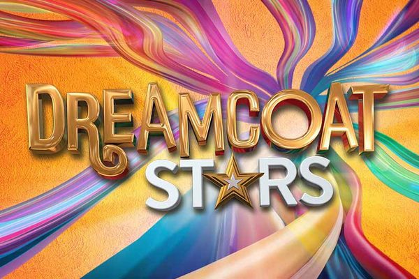 Gold text that says "Dreamcoat stars" on an orange background with multicoloured pattern all over.