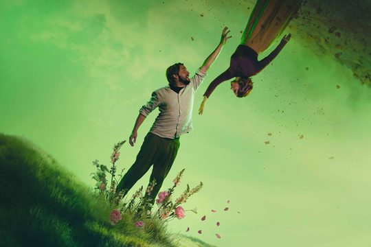 A hazy green background with a man standing on a grassy hill with flowers around his feet. He is reaching up towards a woman who is upside down, with rocks around her feet.