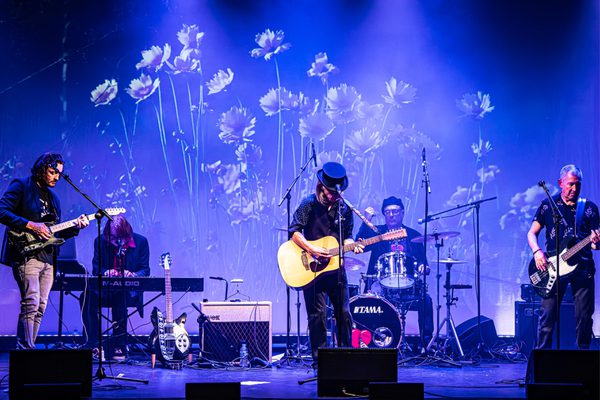 band play as projection of flowers shows behind them