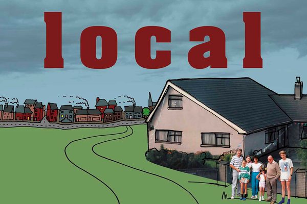 A basic drawing of a road with multicoloured houses next to a field. There is one bigger house in the foreground with a family stood outside. Text: local.