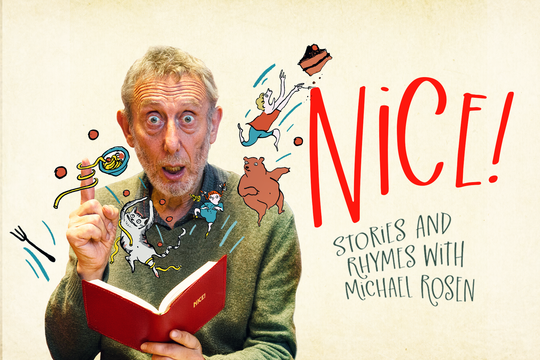 Michael Rosen reading a book. Various cartoon characters and images are coming out of the book, including a bear, a piece of cake, and a bowl of spaghetti.