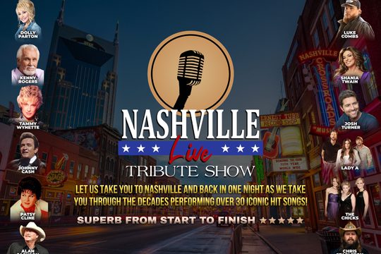 Microphone shaped logo above the show title. Down each side is head shots of various tribute acts.
