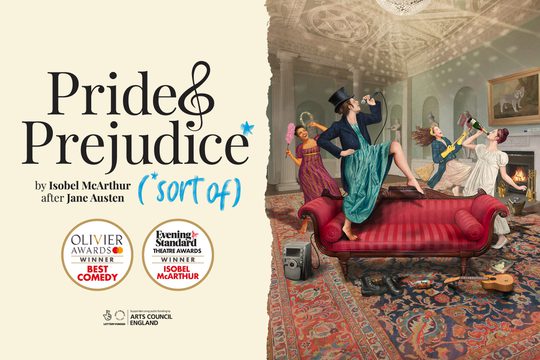 An illustration of 5 women dancing in fine regency clothes. one wears a suit jacket and top hat and sings into a microphone, another wears and army jacket and plays the trumpet, another drinks from a champagne bottle, another plays air guitar with broom and another holds both a tambourine and a feather duster