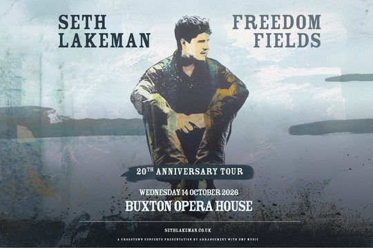 An abstract painting of a man sat on the floor with his arms hugged around his knees. The background is various shades of blue.