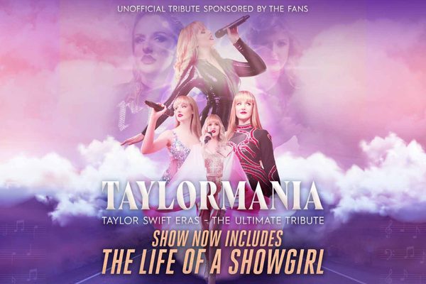 Pink and purple clouds with a collage of images of a woman with blonde hair and fringe in various sparkly costumes