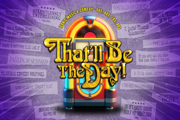 A colourful jukebox on a purple background. Also on the background is clippings of newspaper reviews.