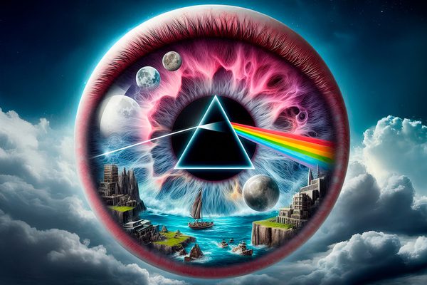 A large animated eye that appears to be in the clouds. Inside the eye, there is a landscape of a city, and a triangle refracting light into a rainbow.