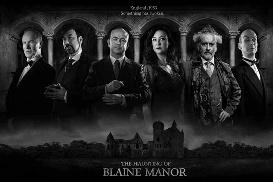 Black and white images of six figures above an old stately home.