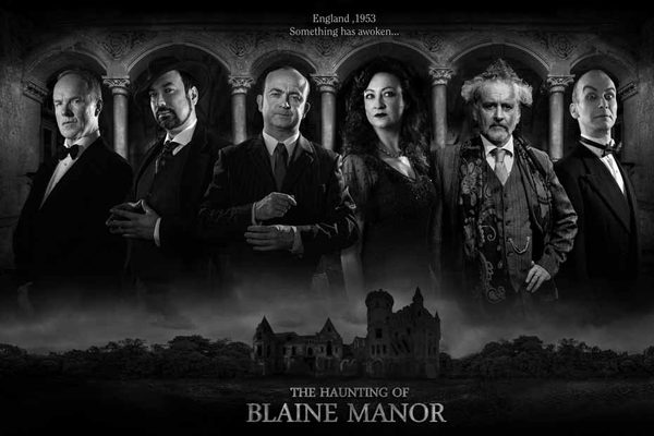 Black and white images of six figures above an old stately home.