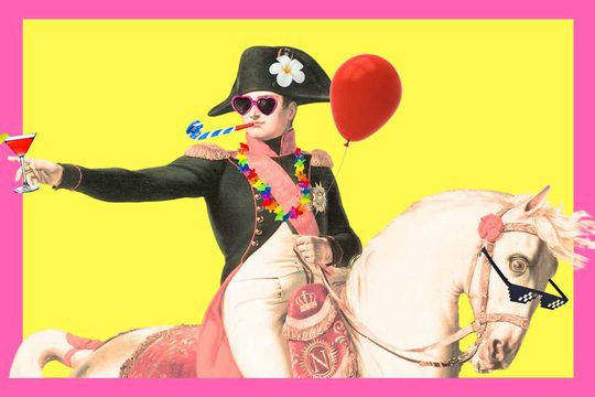 Napoleon on a horse. He is holding a red balloon and a cocktail, with sunglasses on.
