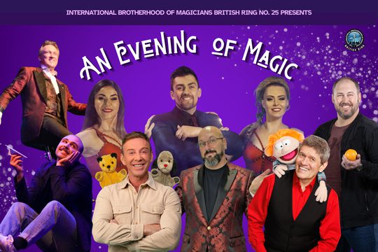 A collage if images of magicians on a bright purple background.