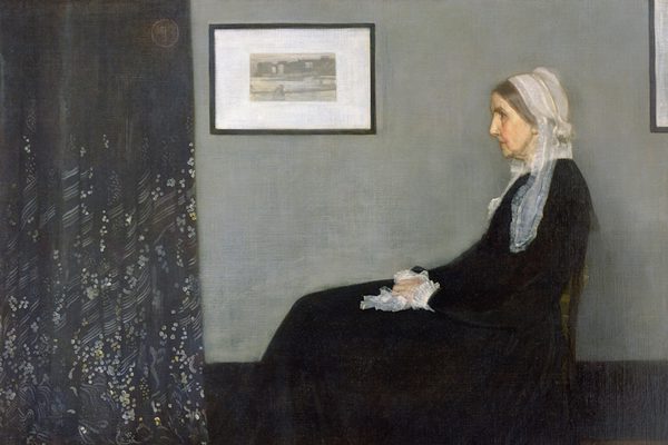 Painting of an older woman in a black dress and white headdress. She is sat on a chair in a room, looking towards the curtains.