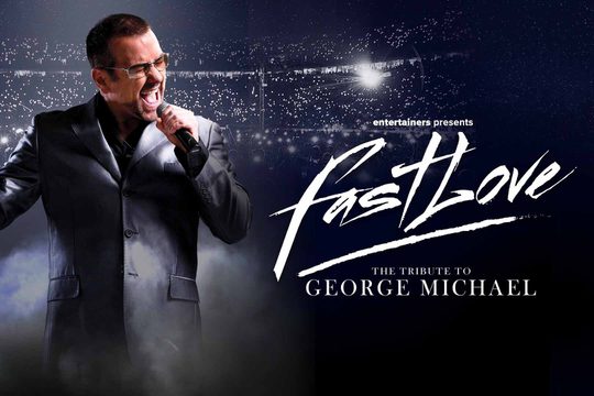 George Michael singing to a stadium of people with lights in the air.