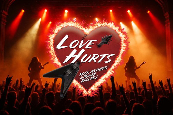 A heart on fire with an electric guitar going through it.