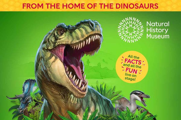A cartoon image of dinosaurs against a green background. Text; Dinosaurs Live!