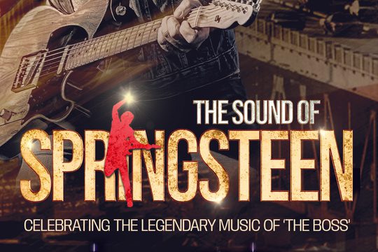 A man plays an electric guitar. Gold text: The Sound of Springsteen.