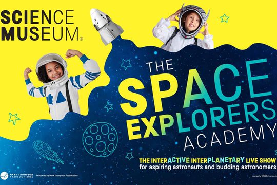 Two children in space suits posing. They are against a bright yellow background, and a rocket cuts through to show stars and planets. Text: The Space Explorers Academy.