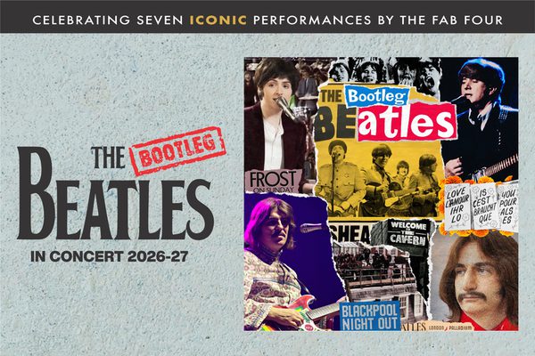 A collage of images of The Beatles, as if ripped from magazines. Text: The Bootleg Beatles in concert, celebrating seven iconic performances by the Fab Four.