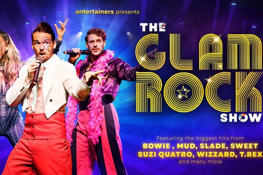 Three singers wearing elaborate outfits against a blue background. Yellow text: The Glam Rock Show.