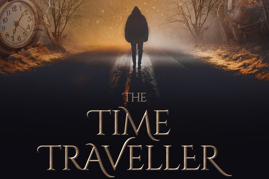 Illustration of a hooded man walking down a dark road. There is lightening and trees around, as well as a large pocket watch and sand timer.