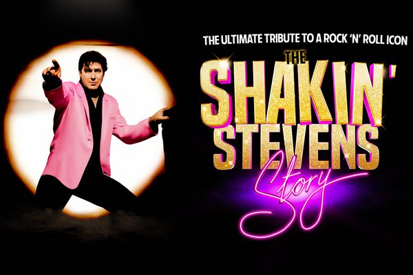 A man in a pink jacket standing in a circle of light. Gold and pink text: The Shakin' Stevens Story.