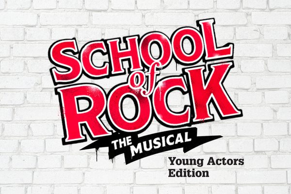 Red logo reading School of Rock The Musical Young Actors Edition against a white brick background.
