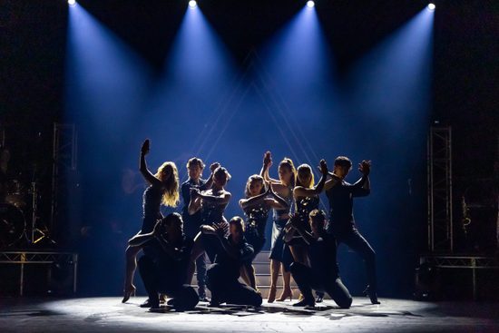 Silhouettes of a group of dancers lit by spotlights.
