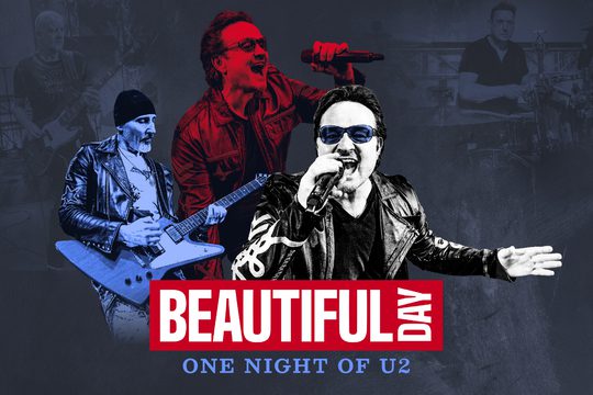 White text in a red box that reads Beautiful Day. Next to it is a collage of three images in black, red, and blue of members of the band performing.