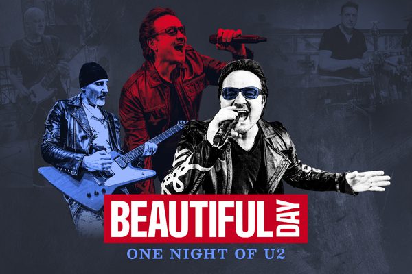 White text in a red box that reads Beautiful Day. Next to it is a collage of three images in black, red, and blue of members of the band performing.