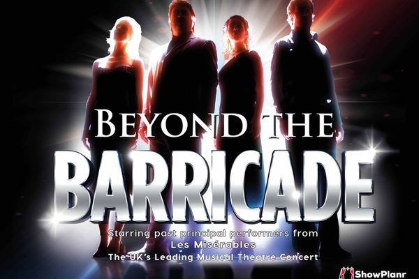 Four silhouettes standing with a light behind them. There are also red and blue lights in the background. Text: Beyond the Barricade.
