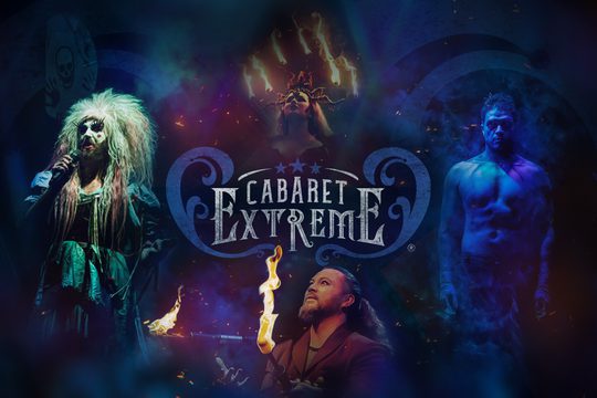 A black background with colourful images of cabaret artists.