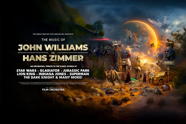 A desert landscape with various film characters, including Superman, Darth Vader, and a T-Rex.