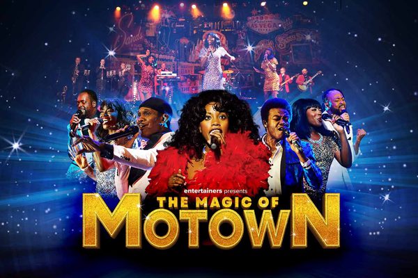 A collage of various performers in colourful and glittery outfits on a blue glittery background. Gold writing says The Magic of Motown.