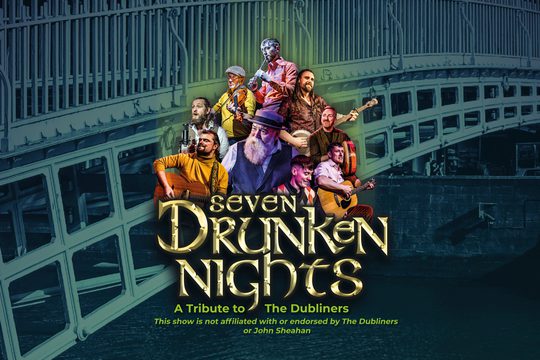 A collage of images of musicians in colourful clothes, in front of a faded image of a bridge over water.
