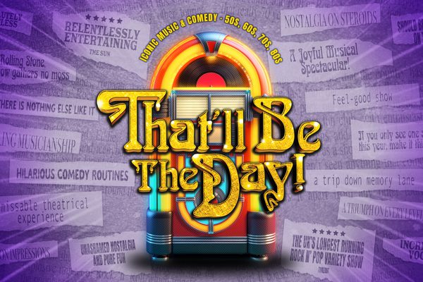 A purple background covered in newspaper clippings. In the centre there is a colourful jukebox with the text That'll Be The Day in gold letters.