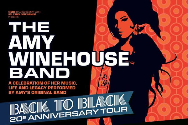 A silhouette of Amy Winehouse on a red background with orange circles. White text: The Amy Winehouse Band.