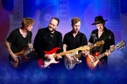A collage of images of 4 men wearing black and playing guitars.