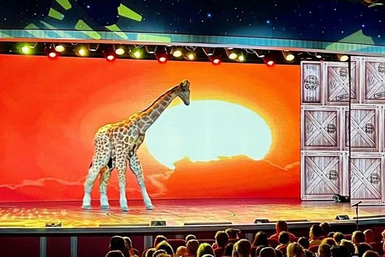 A life-size puppet of a giraffe walks onto a stage. The background shows a sunset making the sky red.