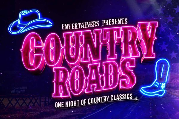 Neon text that says Country Roads in pink, with a blue cowboy hat and boot.
