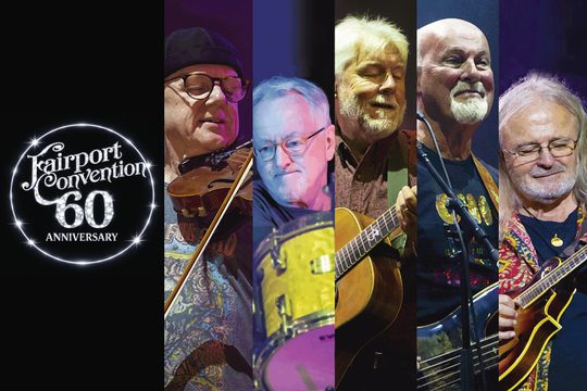 A collage of images of 5 men with musical instruments. A silver sparkly logo that says Fairport Convention 60 Anniversary.