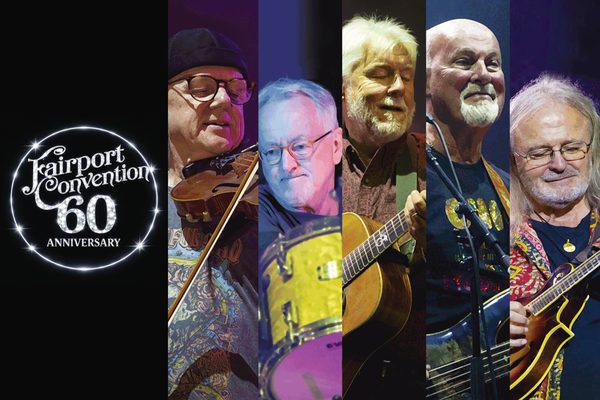 A collage of images of 5 men with musical instruments. A silver sparkly logo that says Fairport Convention 60 Anniversary.