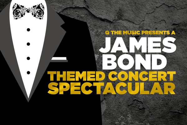 A cartoon black suit and white shirt, with a bow tie made of small images of musical instruments. Text: James Bond themed Concert Spectacular.