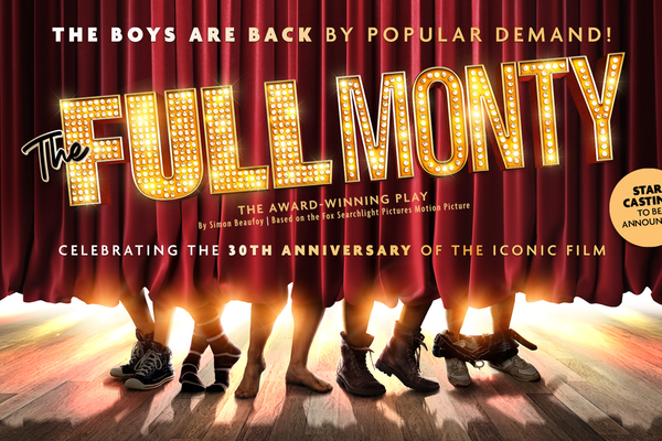 Men's boots and bare legs peek out from beneath theatre curtain. Text reads: The Full Monty