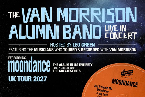 A black starry background with pale blue text: The Van Morrison Alumni Band, Live in Concert, hosted by Leo Green. Featuring the musicians who toured and recorded with Van Morrison.