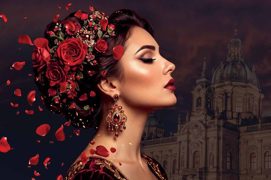 A woman with brown hair tied up in an elaborate style. Her hair is covered in red roses and the petals fall down her neck.