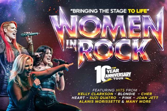 A background of stars with a collage of images of three women singing into microphones. Purple, pink and yellow text says Women in Rock.