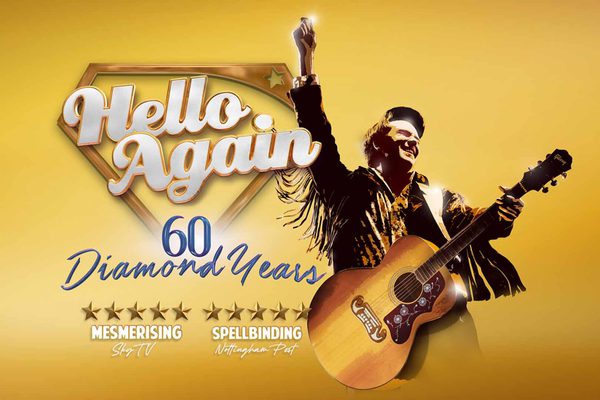 A gold background with an image of a man wearing a fringed jacket playing a guitar. Text inside a gold diamond: Hello Again, 60 Diamond Years.