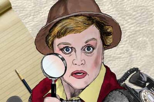 Cartoon image of an older, white, blonde woman wearing a brown hat and holding a magnifying glass.