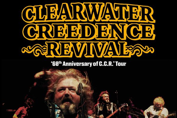 A black background with a band playing on a stage. Yellow text: Clearwater Creedence Revival.