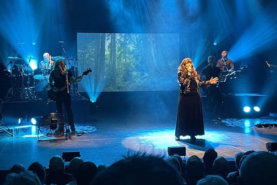 A band and a singer on stage in front of a seated audience. There is a projection of a woodland at the back of the stage, and they are lit in blue.